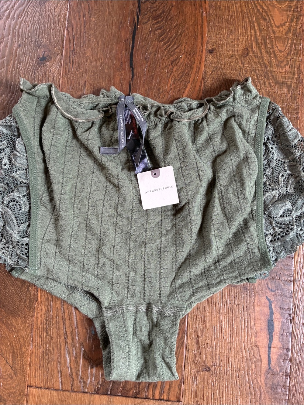 Anthropologie Olive Ribbed Lace-Trim Bodysuit Top